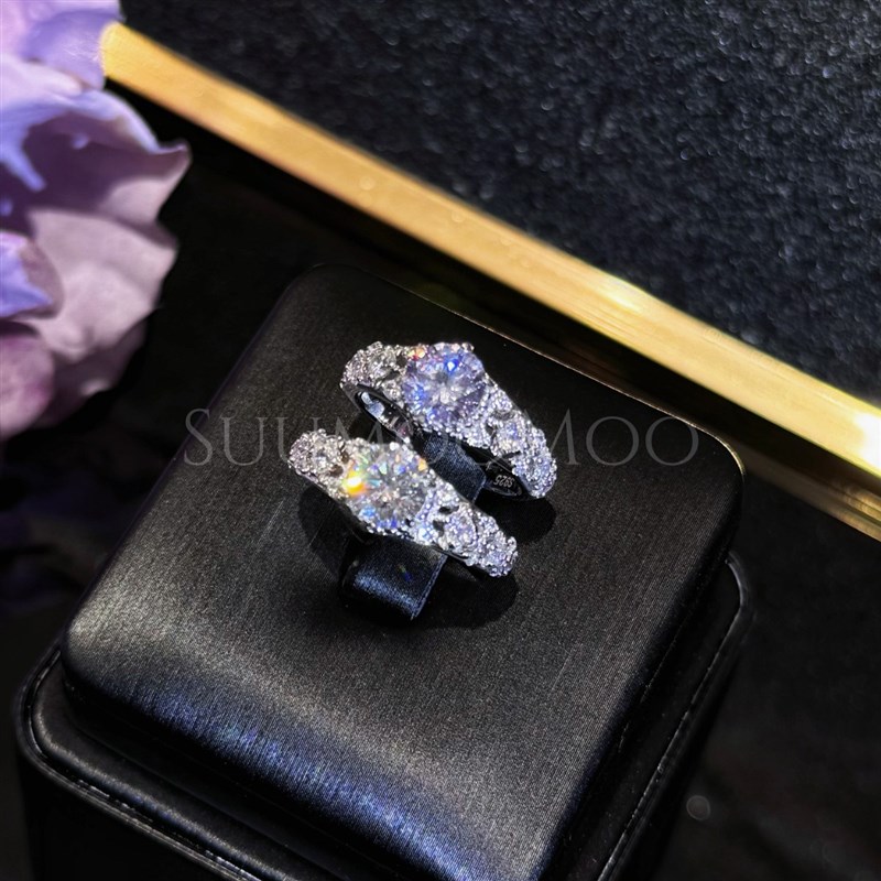 925银合成锆石戒指 法式时尚镂空雕花蕾丝珠边戒指 925银1CT