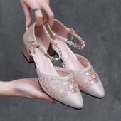 高跟鞋 女式 2024夏新 女网纱中空时装 凉鞋 配裙子法式 包k头粗跟凉鞋