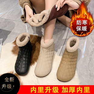 百搭棉靴软皮短筒雪地靴女2023冬季新款加绒平底R格子白色大尺码