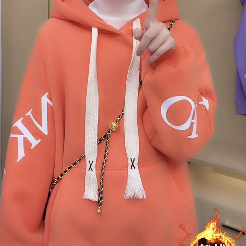 大码女装秋冬新款胖mm宽松显瘦印花连帽插肩袖加绒加厚卫衣