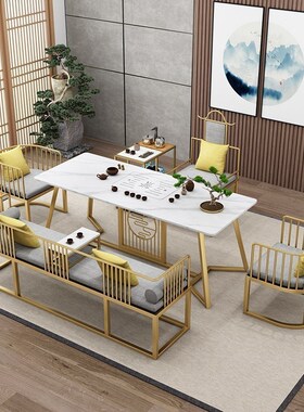 岩板茶桌椅组合铁艺茶几现代办公室简约套装一体客厅家用大理石桌