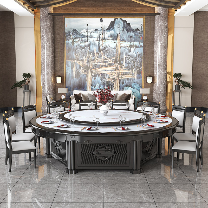 酒店电动岩板大圆桌饭店餐厅包厢新中式现代雕花全实木餐桌椅组合,住宅家具,岩板餐桌,淘宝优惠券,粉丝福利购,淘宝优惠卷