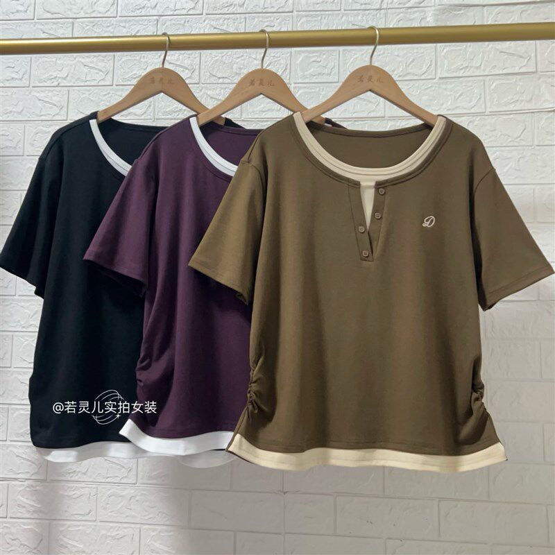 若灵儿韩版宽松休闲遮肉显瘦简约百搭女装圆领短袖T恤假两件上衣