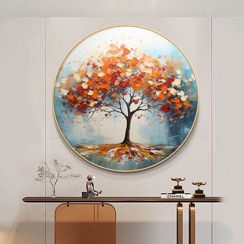 彩色发财树客厅挂画大芬村油画肌理感圆形玄关装饰画招财进宝壁画