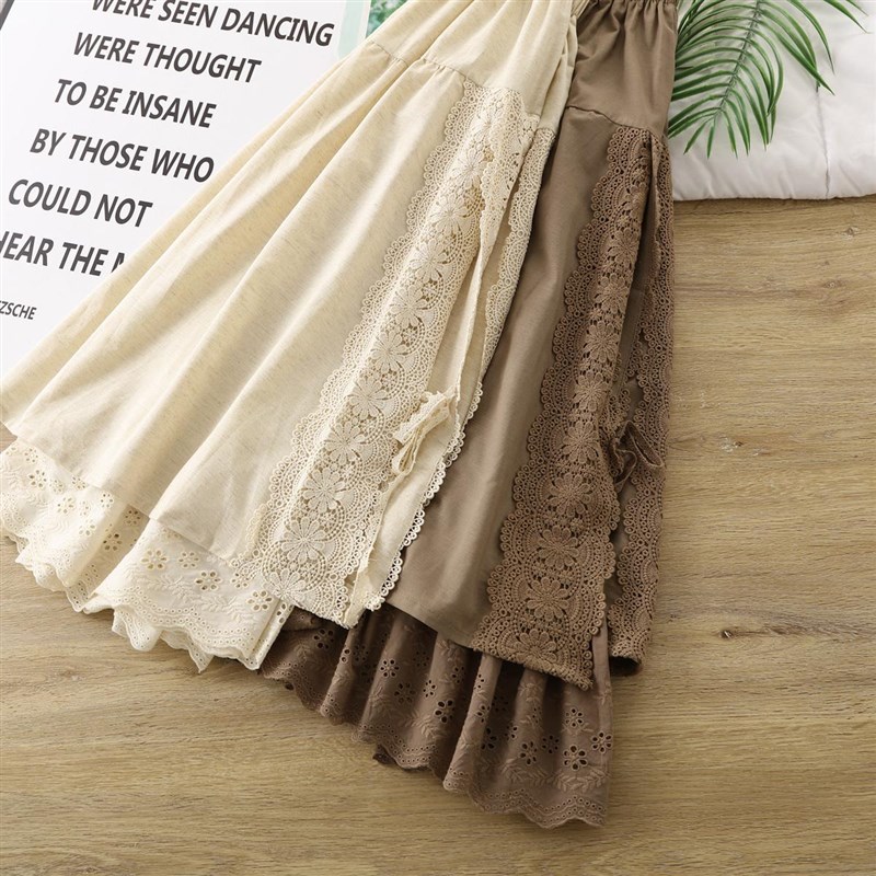 民族风文艺复古刺绣系带纯色半身裙女棉麻森系重工蕾丝拼接中长款