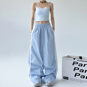 复古抽绳竖条纹撞色休闲阔腿裤 女夏季 薄款 美式 高腰跳舞速干运动裤