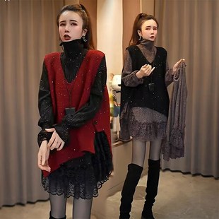 V领亮片针织叠穿马甲蕾丝磨毛打底衫两件套女无袖不规则毛衣套装