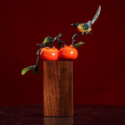 纯铜事事如意摆件柿子喜鹊客厅玄关博古架新居乔迁开业送礼装饰品