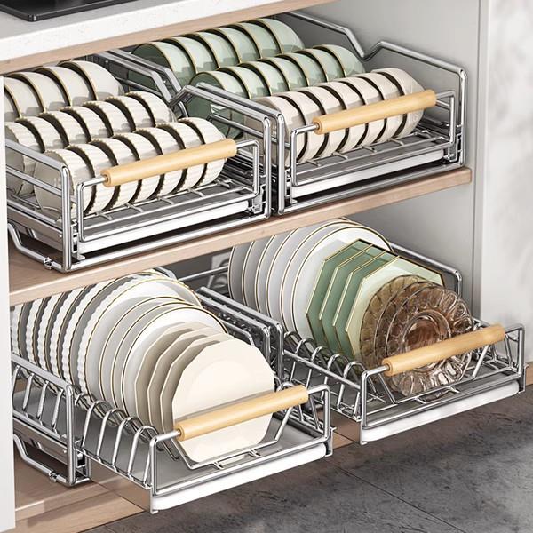 不锈钢碗碟收纳架厨房橱柜内置物架抽屉式拉篮抽拉碗柜盘沥水碗架