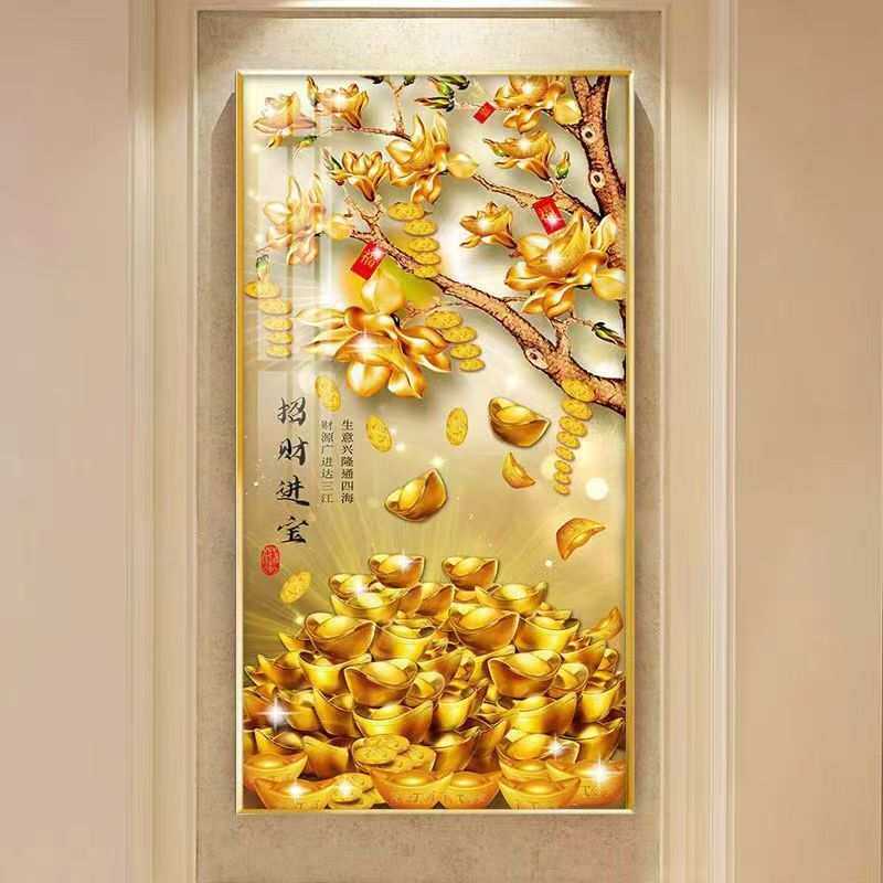 招财进宝现代聚宝盆装饰画玄关贴画客厅走廊黄金发财树风水挂画