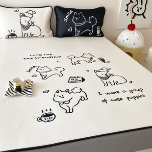 黑白涂鸦狗 夏天冰纤维凉感空调软席三件套可机洗冰丝凉席床笠1.5