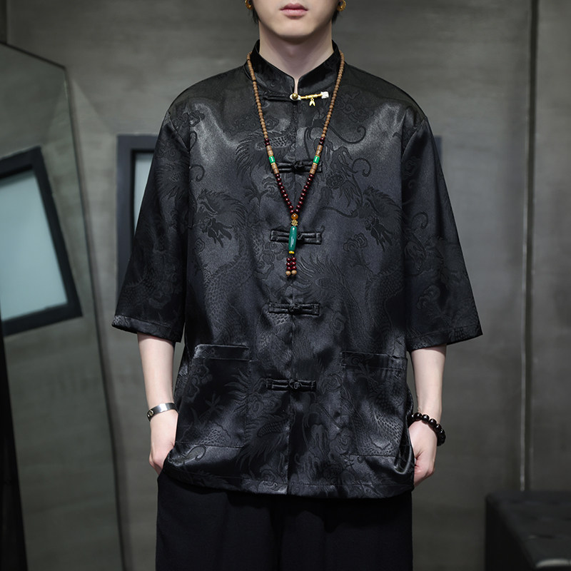 冰丝唐装男中国风夏季龙纹印花短袖衬衫新中式宽松大码五分袖衬衣,男装,唐装,淘宝优惠券,粉丝福利购,淘宝优惠卷