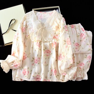 套装 长袖 蕾丝家居服 薄夏季 公主风睡衣女春秋纯棉双层纱布2025新款