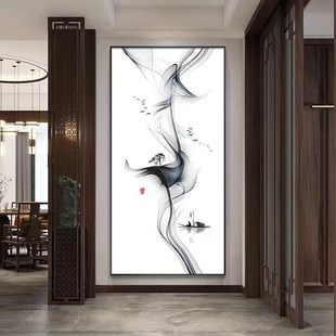 新中式茶室包厢装饰画入户玄关走廊过道竖版挂画水墨禅意有框壁画