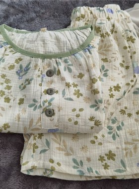 清新简约圆领套头睡衣家居服短袖短裤女款夏季绿色菇香草