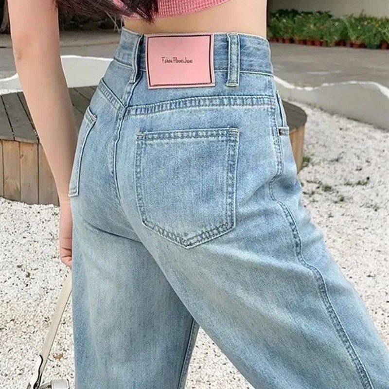 大码胖mm浅色牛仔直筒裤女窄版遮胯显瘦裤子梨形身材夏薄款阔腿裤