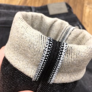 黑灰色加绒牛仔裤男九分裤冬季保暖厚款磨毛弹力修身直筒抓绒长裤