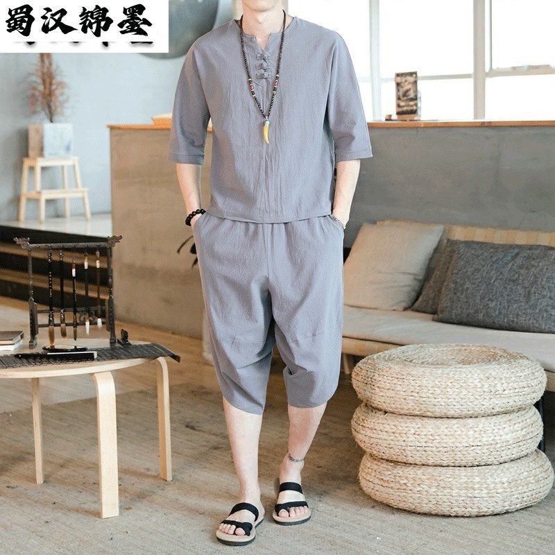 夏季亚麻套装男士运动七分哈伦裤宽松棉麻中国风大码薄款两件套,男装,休闲运动套装,淘宝优惠券,粉丝福利购,淘宝优惠卷