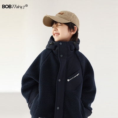 男童冬季加厚麦穗绒连帽外套夹棉开衫潮童装2023新款儿童毛绒棉衣