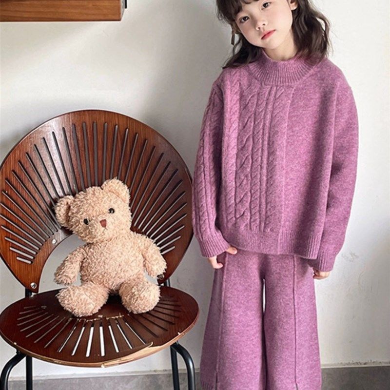 2024新款秋冬羊毛女童套装洋气紫色毛衣九分阔腿裤两件套,童装/婴儿装/亲子装,套装,淘宝优惠券,粉丝福利购,淘宝优惠卷
