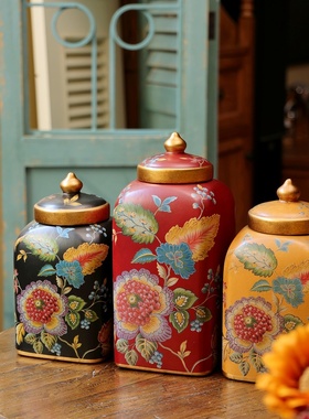 复古美式田园花纹陶瓷花瓶客厅桌面摆件收纳糖果罐子装饰品摆件