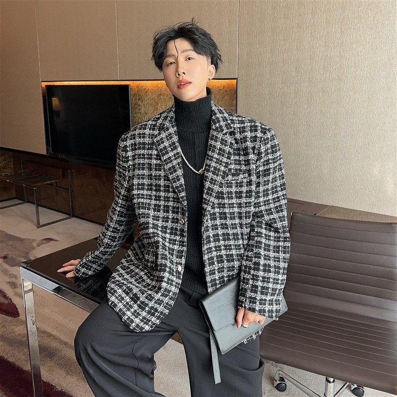 陈大富轻奢粗呢花黑白格垫肩西装外套男秋冬宽松港风休闲西服夹克,男装,休闲西服,淘宝优惠券,粉丝福利购,淘宝优惠卷