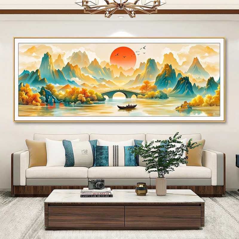 万里江山如画十字绣客厅风景山水画大幅日照金山