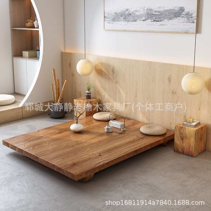 复古老榆木床板民宿客厅原木阳台榻榻米新中式落地床无床头床板