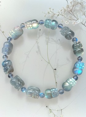 天然拉长石闪光石貔貅手链女 蓝月光闪光水晶雕刻手串星座饰品潮