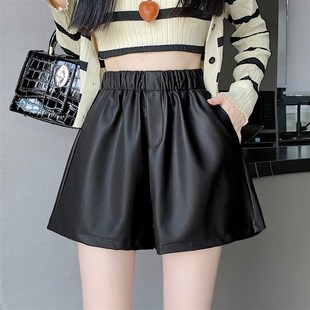 a字宽松pu外穿百搭靴裤 女秋冬新款 潮 胖mm高腰阔腿休闲皮短裤 大码