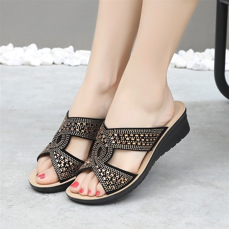 软皮凉拖鞋女夏外穿2024新款女式时尚中跟妈妈拖鞋女平底凉鞋大码,女鞋,一字拖,淘宝优惠券,粉丝福利购,淘宝优惠卷