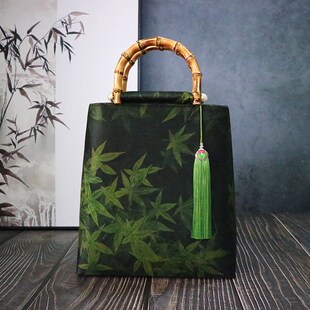 真丝香云纱复古手提包竹提手竖款女包高端丝绸旗袍包中国风手工包