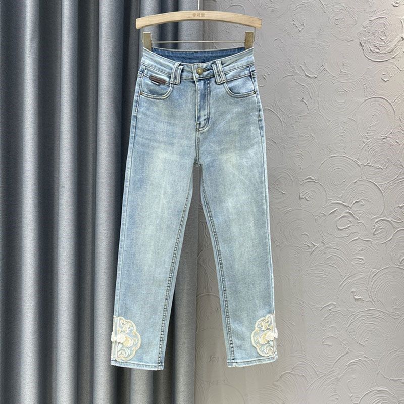 300斤大码女装新中式国风刺绣牛仔裤女胖mm百搭显瘦九分烟管裤子,女装/女士精品,大码裤装,淘宝优惠券,粉丝福利购,淘宝优惠卷