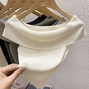 法式一字肩毛衣针织衫短袖女夏设计感小众秋季修身黑色高级感上衣