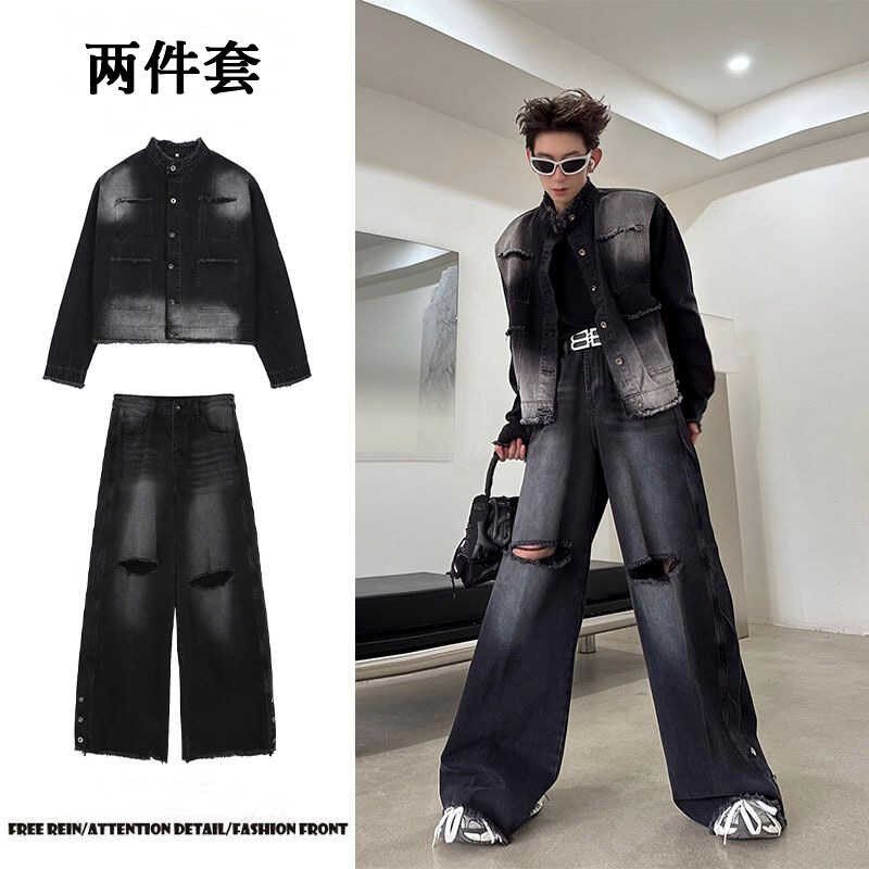 春秋季潮牌宽松牛仔夹克男外套穿搭美式复古高街破洞牛仔裤两件套