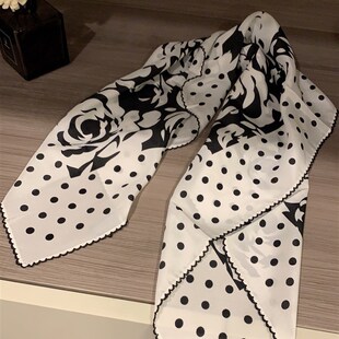 夏日搭配神器 波点山茶 手工勾花边黑白真丝双绉丝巾 6565