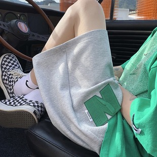 宽松五分裤 大码 男女夏季 复古街头字母抽绳运动休闲短裤 300斤美式