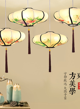 现代新中式仿古典宫灯布艺t手绘画灯笼吊灯中国风餐厅饭店茶楼灯