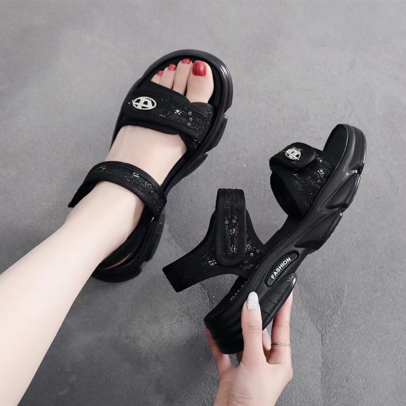 黑色厚底凉鞋女款2024年新款夏季外穿百搭时尚坡跟魔术贴运动松糕