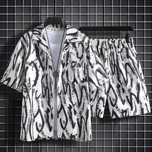 潮流度假夏季 短裤 宽松帅气薄款 短袖 休闲套装 沙滩服男士 五分袖 衬衫