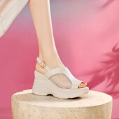 镂空网纱坡跟f凉鞋 真皮鱼嘴高跟 百搭不累脚厚底鞋 女2025夏季 新款