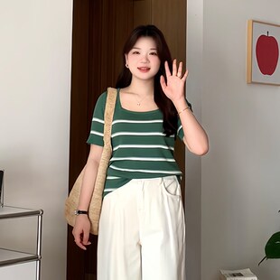喵喵 宽松显瘦条纹针织短袖 大码 mm初夏时尚 T恤上衣2101 女装 微胖