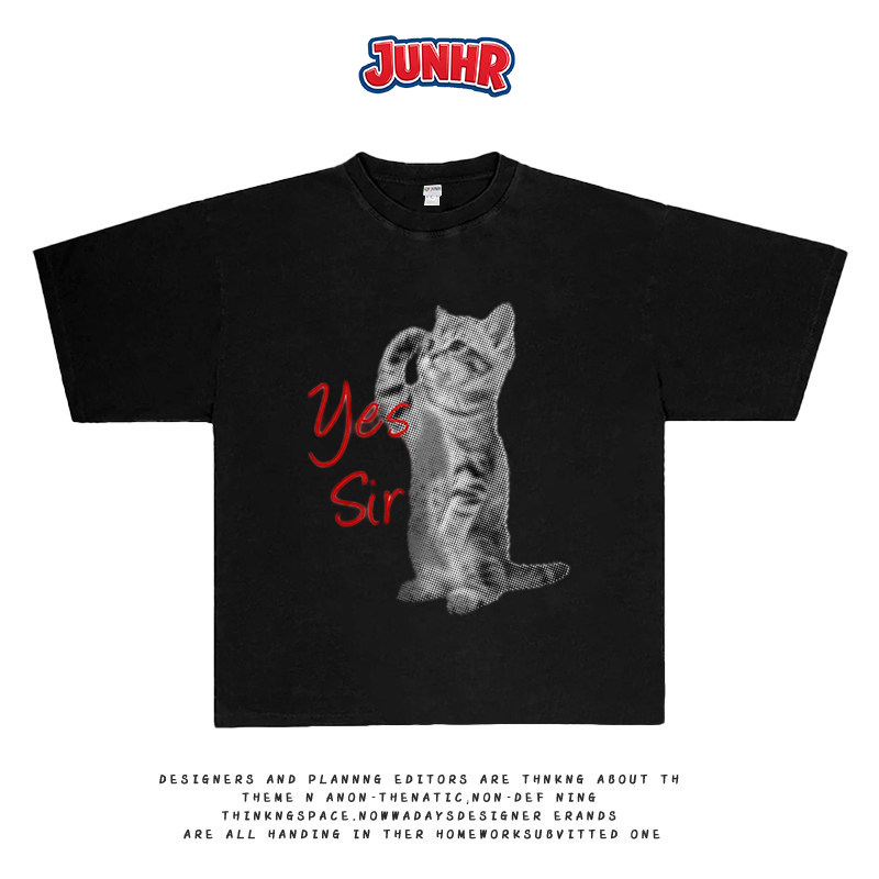 JUNGR 夏季新款Yes Sir小猫咪敬礼卡通印花重磅纯棉短袖T恤