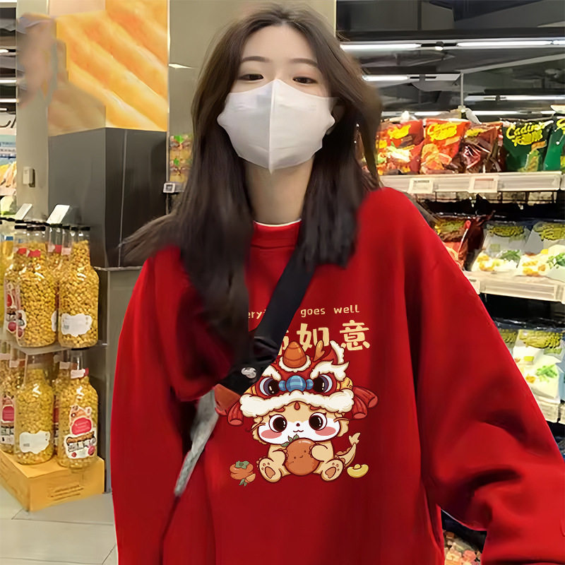 红色加绒卫衣女加厚外套圆领无帽高级感秋冬季2025新年本命年衣服