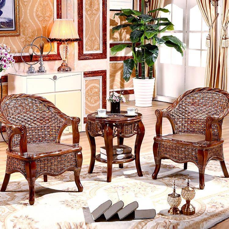 实木真藤椅子茶几三件套藤编藤艺休闲庭院阳台藤椅桌椅茶桌组合