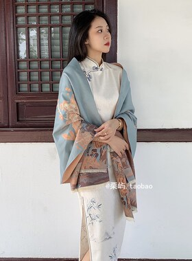 秋冬中国风气质优雅旗袍披肩女空调外搭送礼复古长款围巾冬季两用