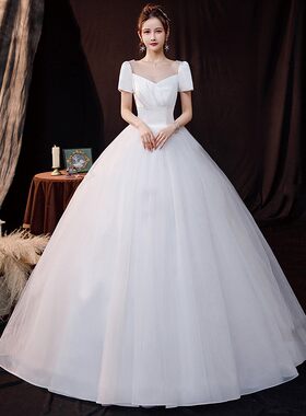苏州婚纱一条街婚纱礼服2021新款一字肩蕾丝齐地婚纱影楼精品白纱