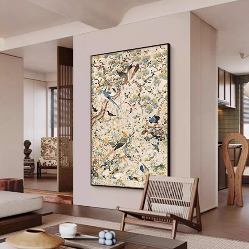 花鸟祥和图法式h中国风装饰画富贵花鸟客厅背景墙挂画玄关中古壁,家居饰品,现代装饰画,淘宝优惠券,粉丝福利购,淘宝优惠卷