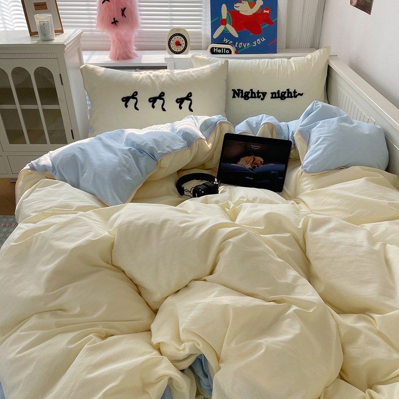 月光巴士简约撞色毛巾绣床v上三四件套纯棉全棉水洗棉被套床单床,床上用品,床品套件/四件套/多件套,淘宝优惠券,粉丝福利购,淘宝优惠卷