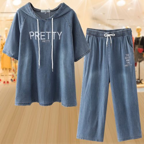 大码短袖牛仔时尚套装2025夏季新款高档薄款连帽上衣九分裤两件套